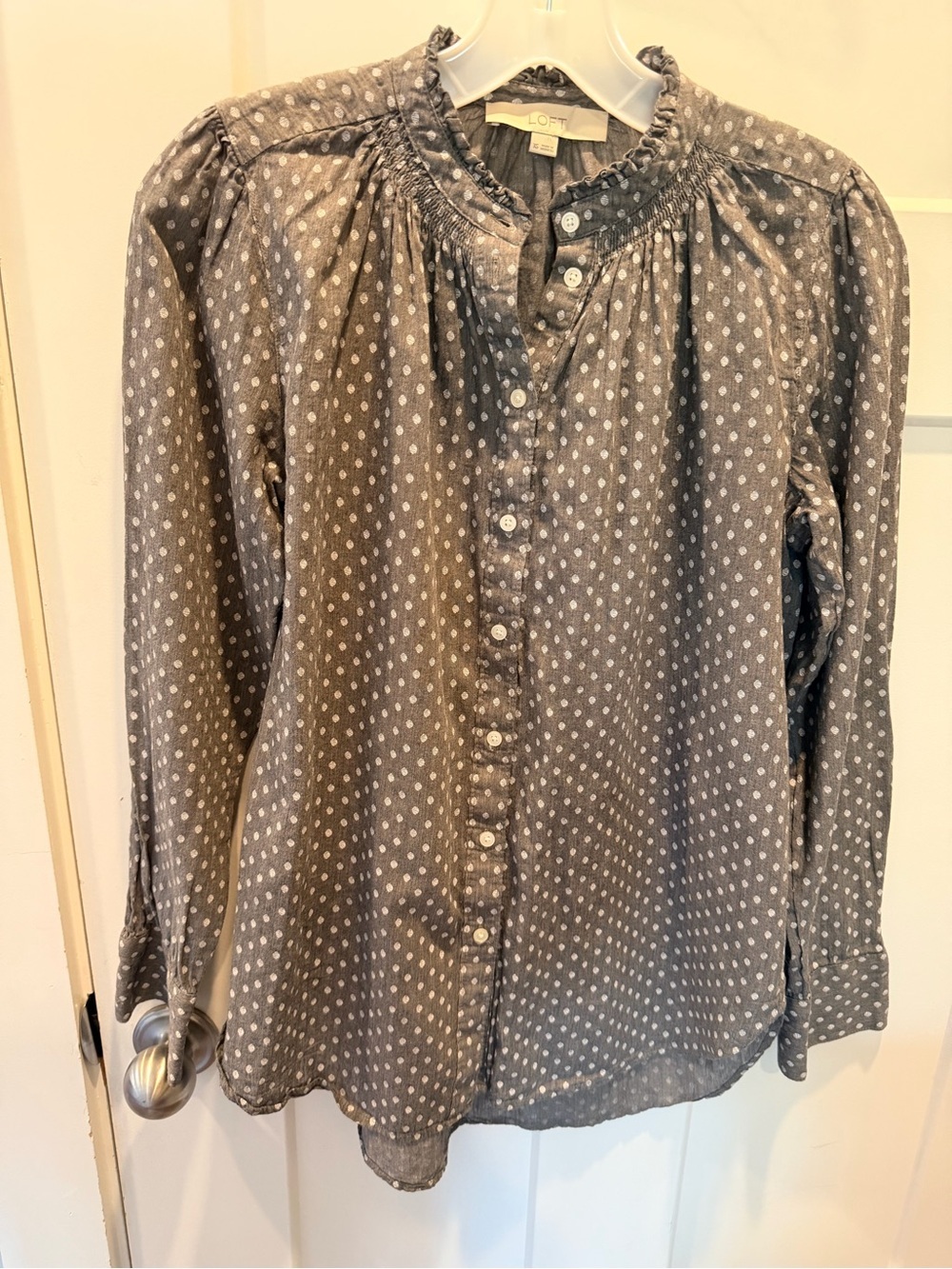 LOFT XS Gray Chambray Polka Dot Ruffle Neck Button Front Blouse